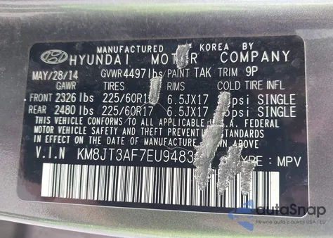 2014 Hyundai Tucson Gls z USA, uszkodzony, nr VIN KM8JT3AF7EU948391